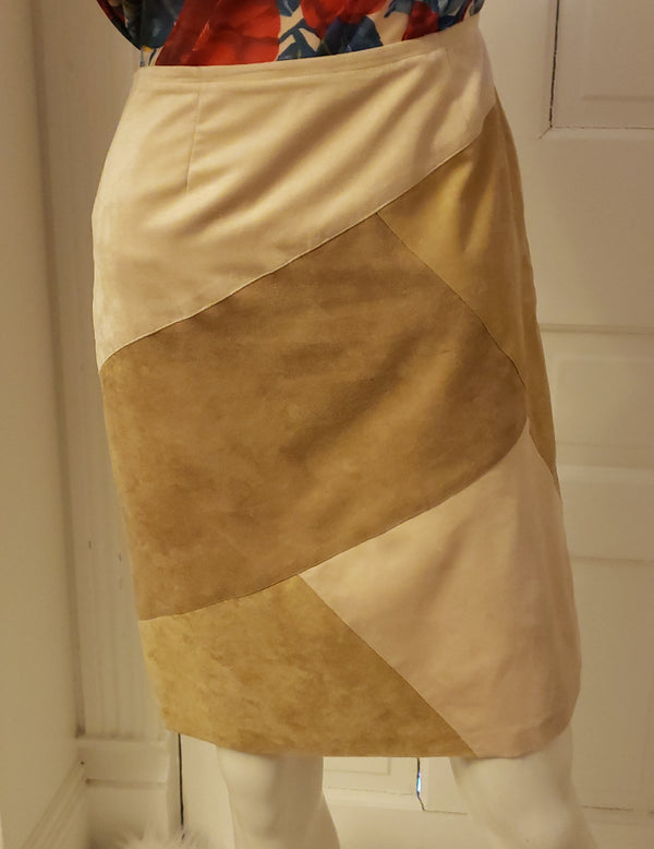 Vintage Colorblock Suede & Leather Patchwork Pencil Skirt