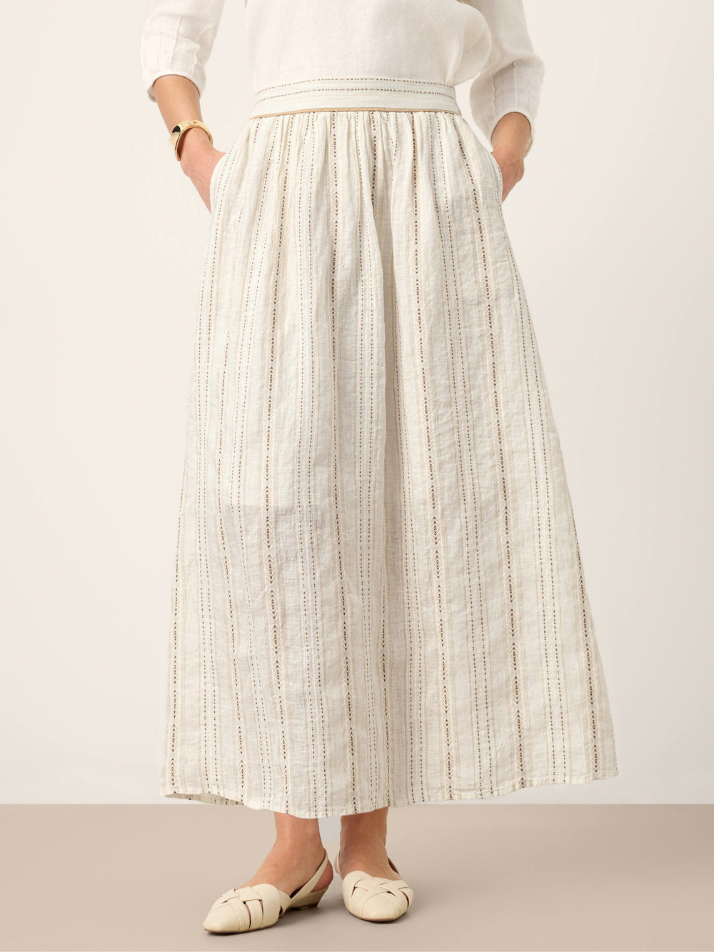 Linen Striped Contrast Trim A-Line Bohemian Skirt with Lining ISMERIE