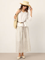 Linen Striped Contrast Trim A-Line Bohemian Skirt with Lining ISMERIE