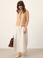 Linen Striped Contrast Trim A-Line Bohemian Skirt with Lining ISMERIE