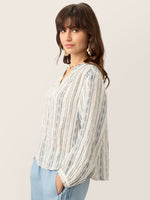 Linen Tribal Stripe Split Neck Bohemian Blouse KERENZA
