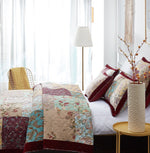 DaDa Bedding Bohemian Burgundy Red Velvet Trim Floral Paisley Patchwork Cotton Bedspread Set (JHW-868)