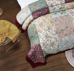 DaDa Bedding Bohemian Burgundy Red Velvet Trim Floral Paisley Patchwork Cotton Bedspread Set (JHW-868)